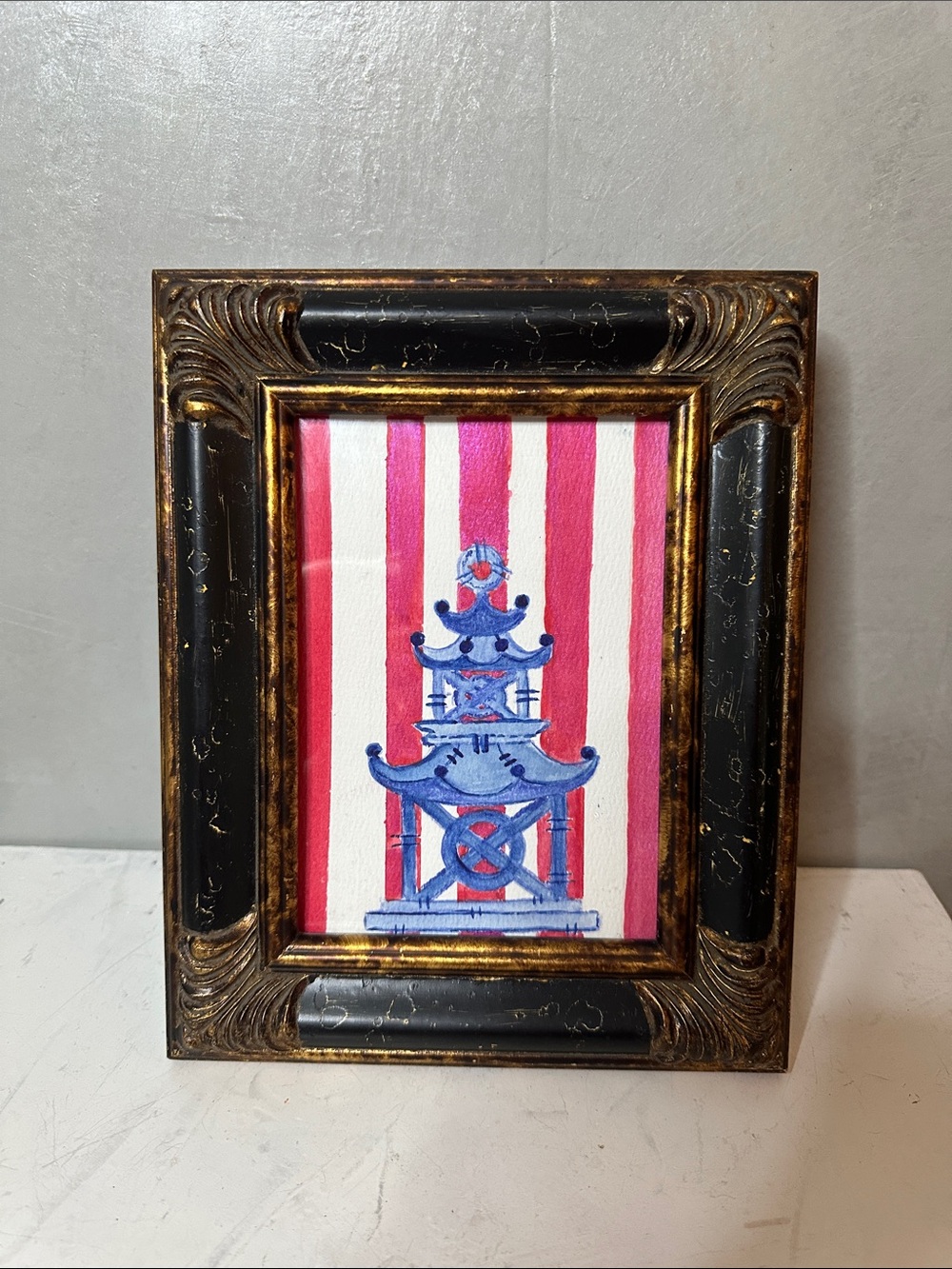 FRAMED Original watercolor Painting CHINOISERIE PAGODA PREPPY ART P5